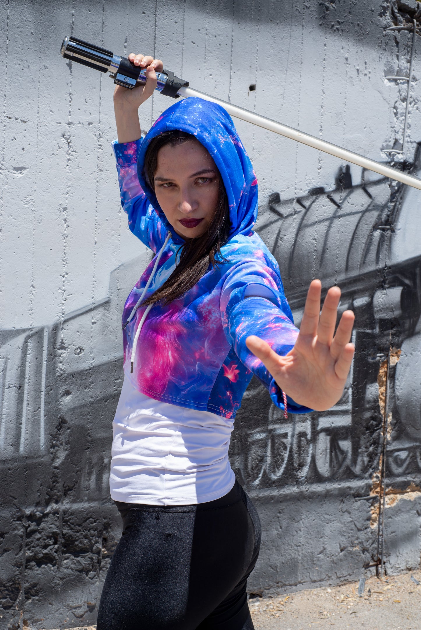 Anime cropped hoodie with pastel dragon design and hollow sleeves