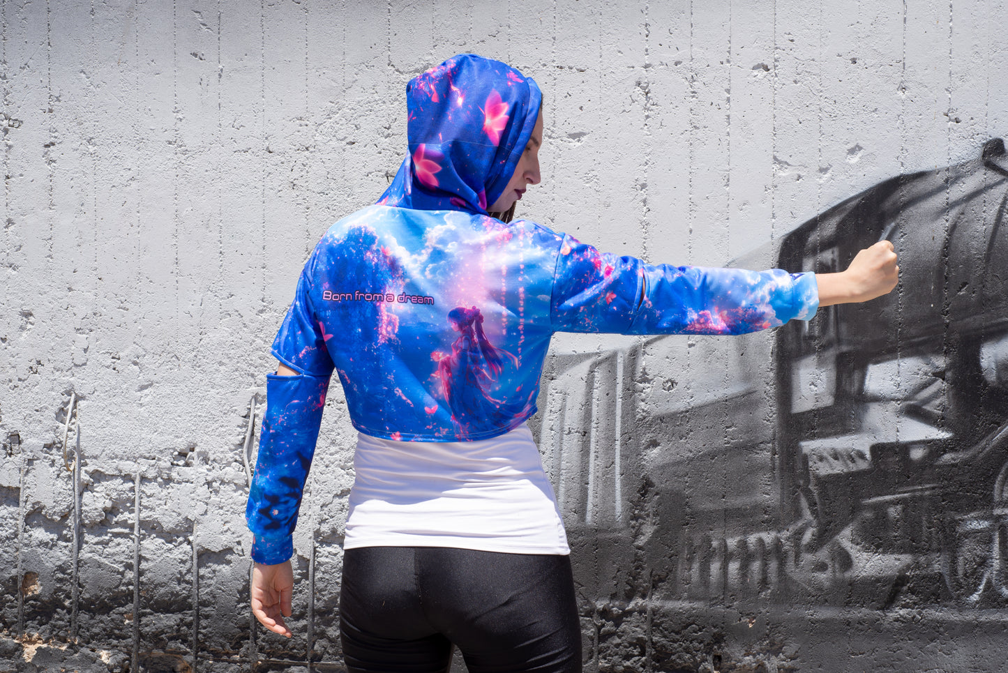 Kawaii cropped hoodie featuring celestial dragon and poetic back print