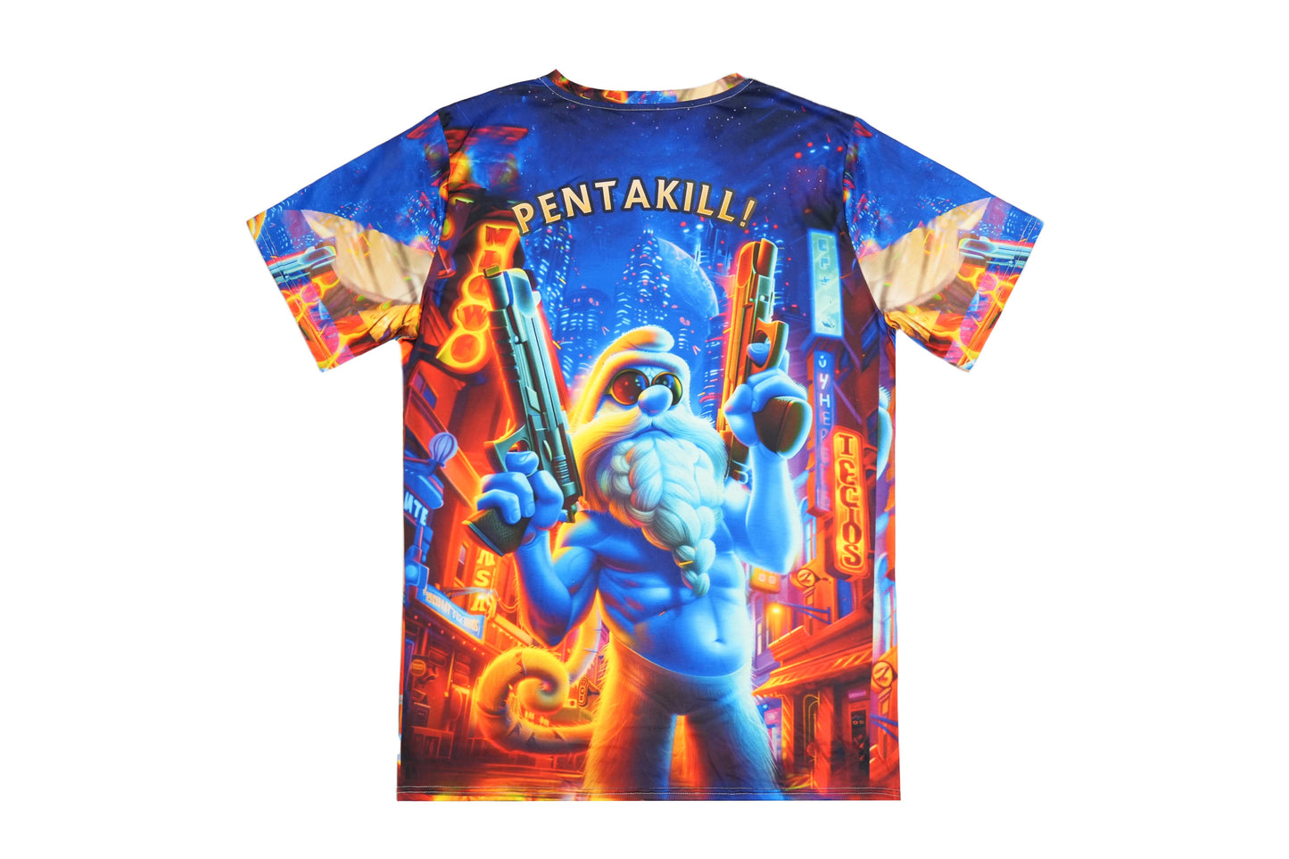 Funny gaming t-shirt with League of Legends-inspired design, showing Feed the Smurf and Pentakill text