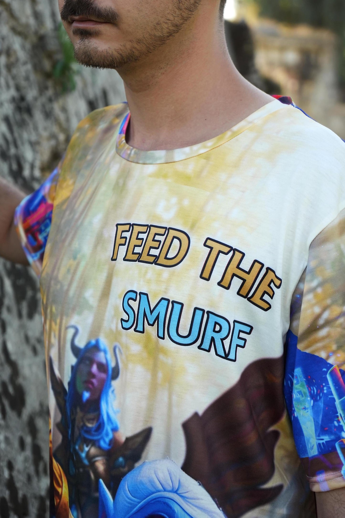 Model wearing funny gaming t-shirt, ideal gift for gamers and MOBA fans