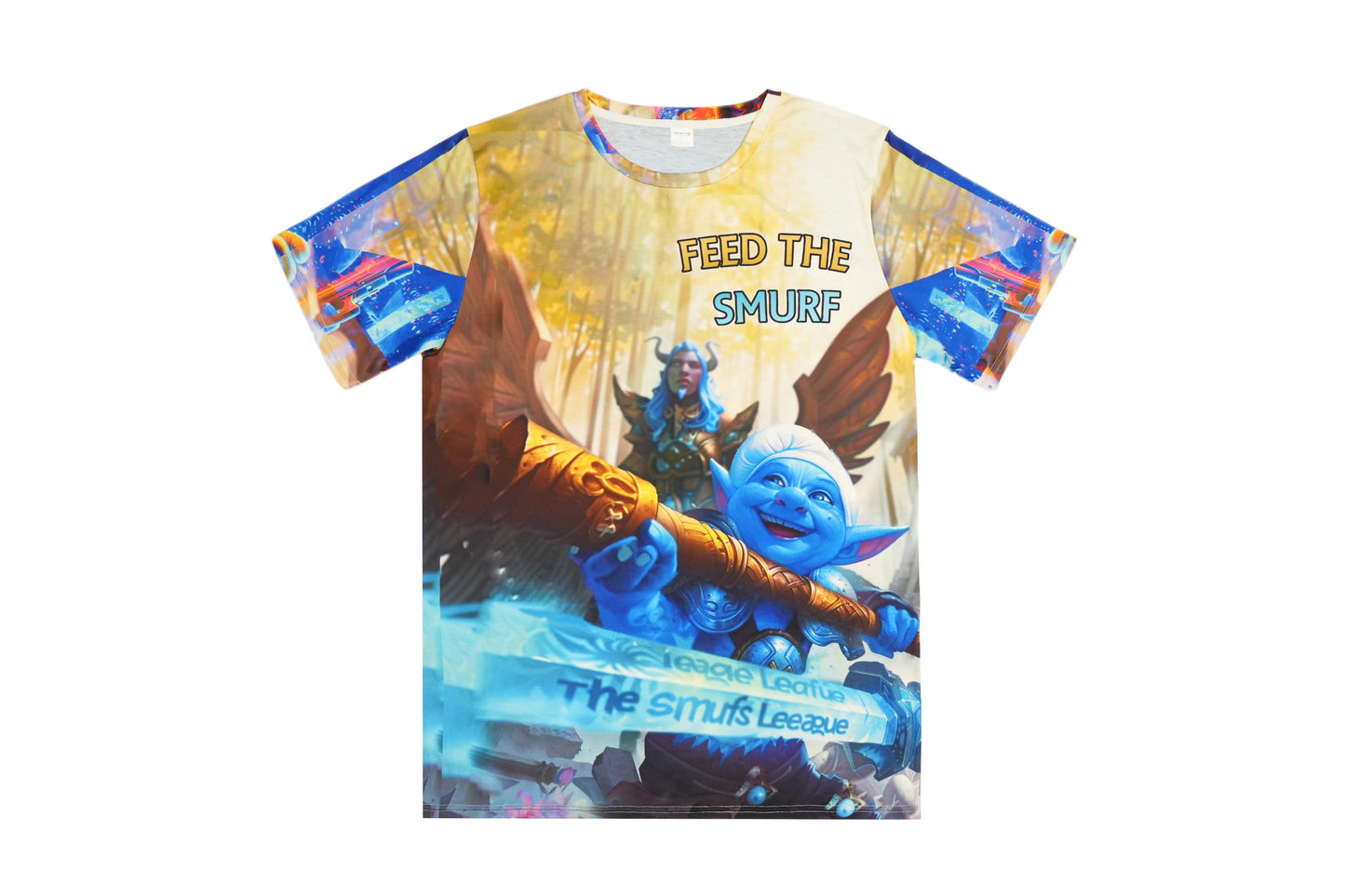 Funny gaming t-shirt with League of Legends-inspired design, showing Feed the Smurf and Pentakill text
