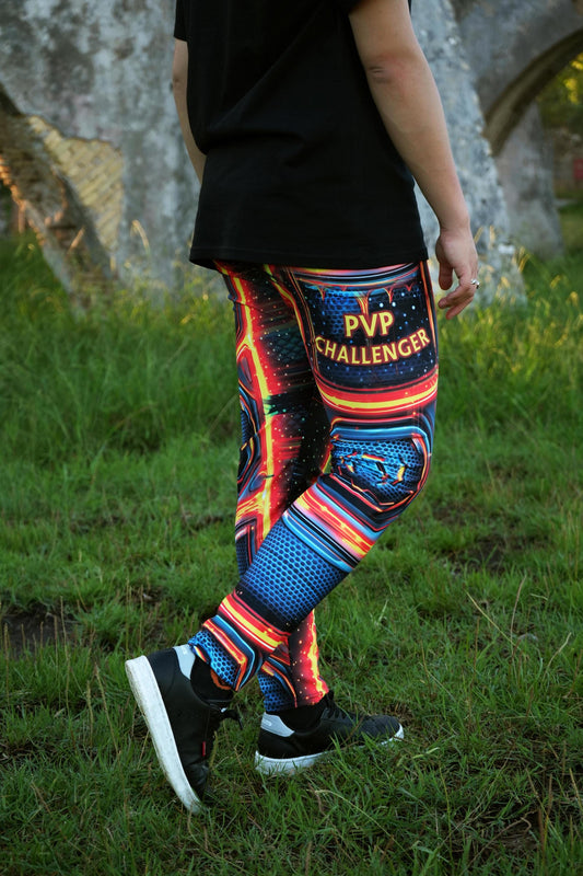 Futuristic all-over print gaming leggings with neon design. High-waisted gamer girl leggings inspired by sci-fi fashion. Flexible activewear pants for gamers and streamers. Neon techwear leggings perfect for esports fans. Gaming-inspired fashion leggings for cosplay or workouts.