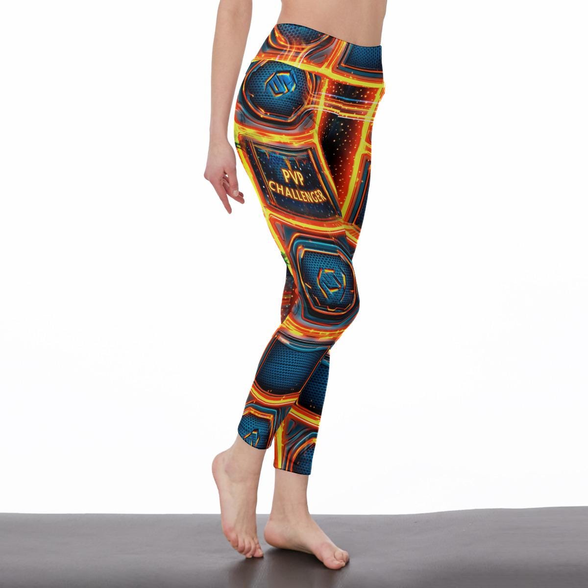 Futuristic all-over print gaming leggings with neon design. High-waisted gamer girl leggings inspired by sci-fi fashion. Flexible activewear pants for gamers and streamers. Neon techwear leggings perfect for esports fans. Gaming-inspired fashion leggings for cosplay or workouts.