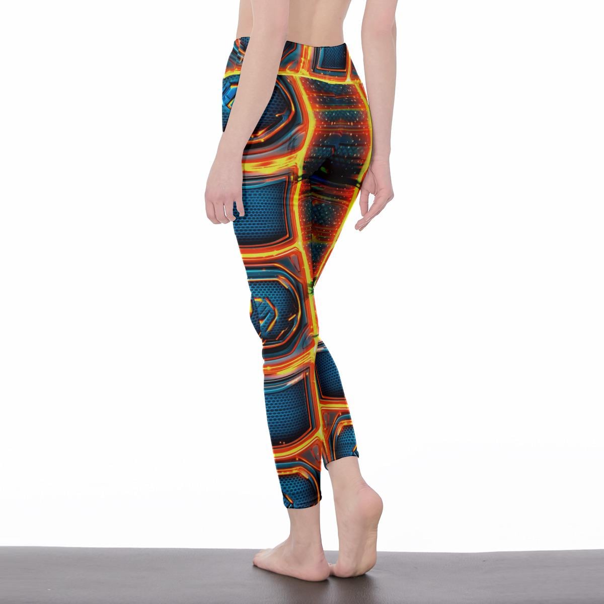 Futuristic all-over print gaming leggings with neon design. High-waisted gamer girl leggings inspired by sci-fi fashion. Flexible activewear pants for gamers and streamers. Neon techwear leggings perfect for esports fans. Gaming-inspired fashion leggings for cosplay or workouts.