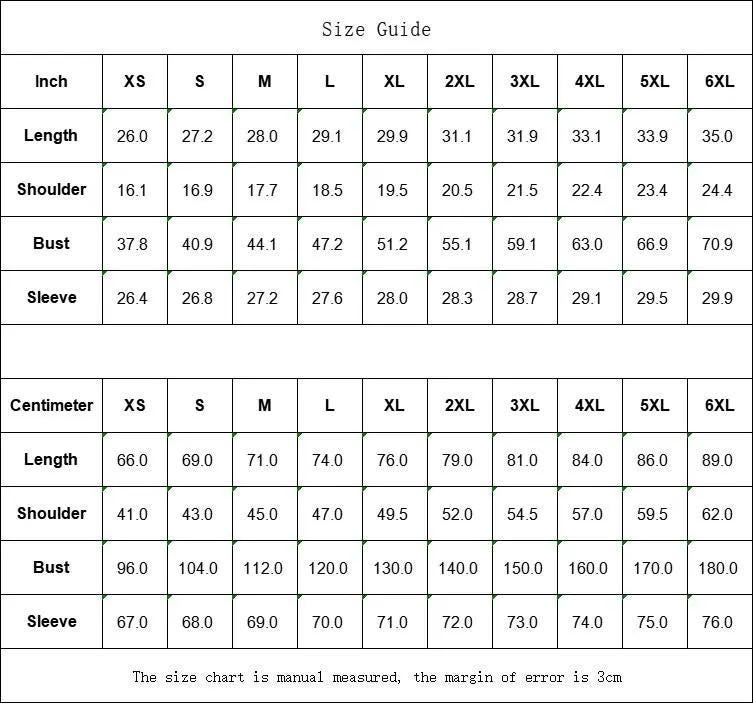 Size guide for the 100% Cotton option