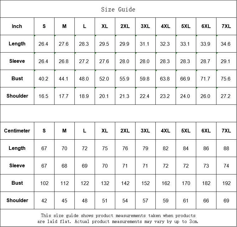 Size guide for the thicken heavy weight fleece option.