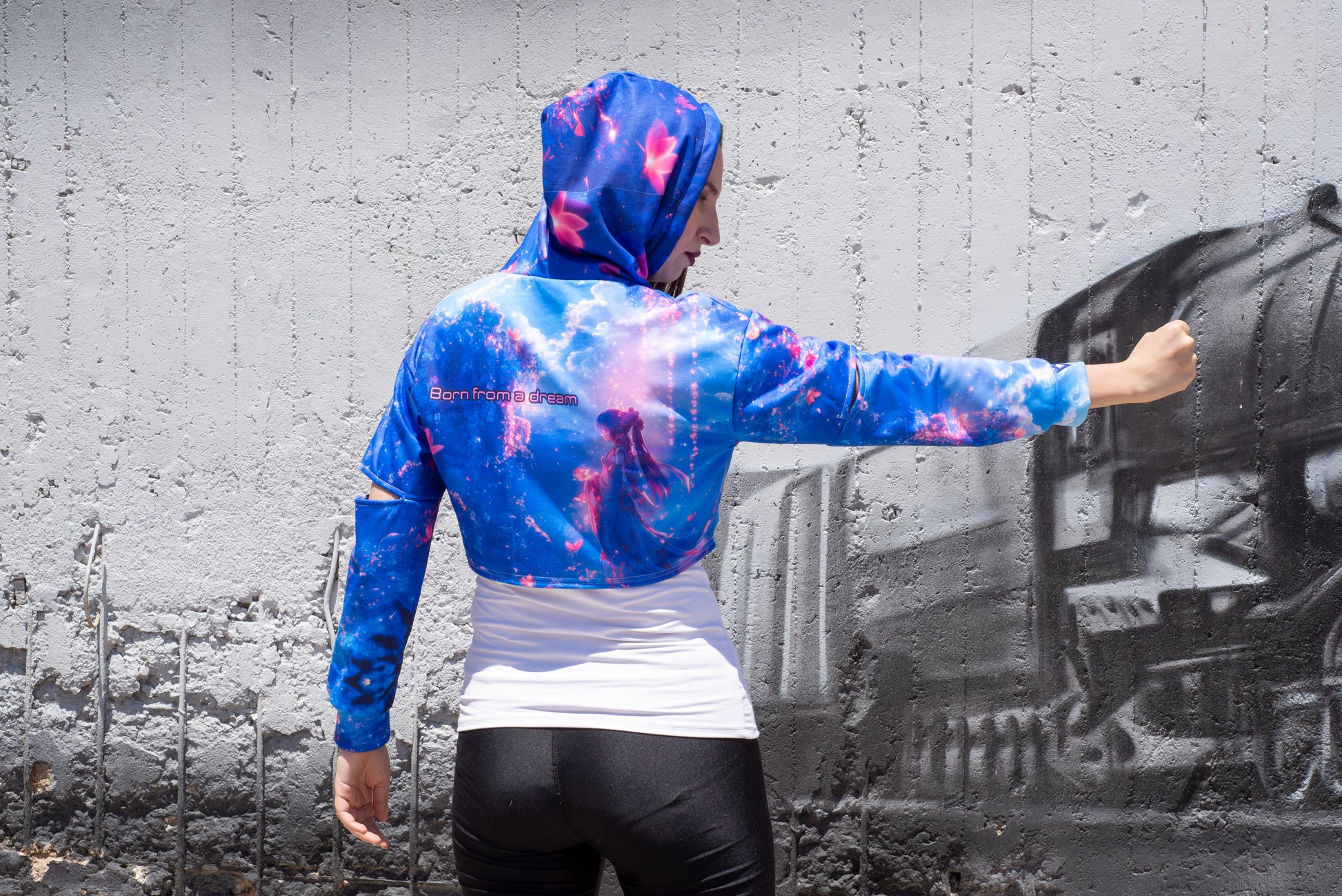 Kawaii cropped hoodie featuring celestial dragon and poetic back print