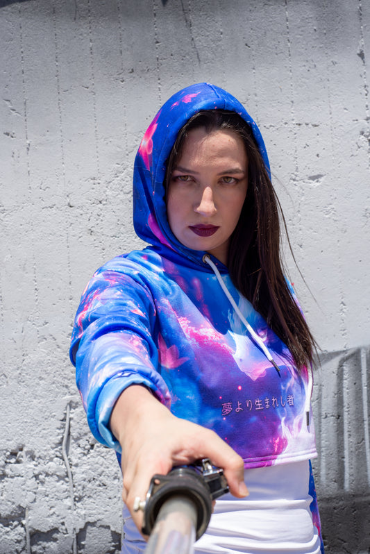Anime cropped hoodie with pastel dragon design and hollow sleeves