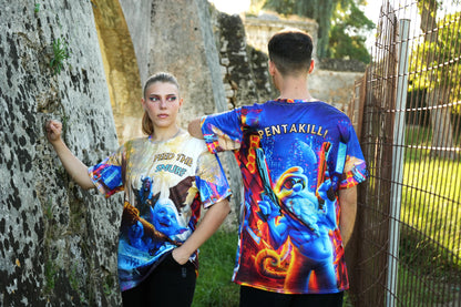 Model wearing funny gaming t-shirt, ideal gift for gamers and MOBA fans