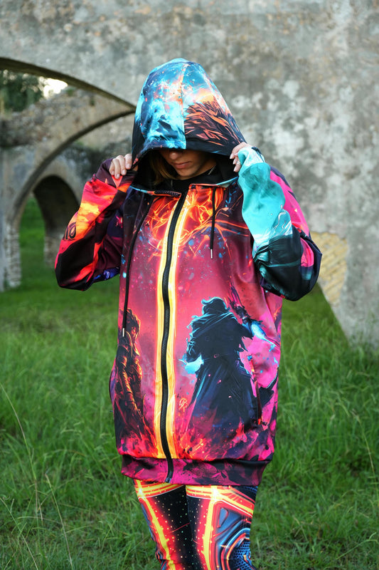 Unisex zipper gamer hoodie with fantasy war scene – League-inspired design
MOBA-themed graphic hoodie with cinematic artwork – front view
Thirion war scene hoodie worn by male and female model – cosplay-ready look