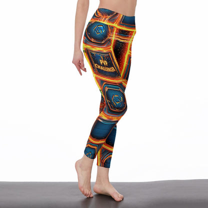 Futuristic all-over print gaming leggings with neon design. High-waisted gamer girl leggings inspired by sci-fi fashion. Flexible activewear pants for gamers and streamers. Neon techwear leggings perfect for esports fans. Gaming-inspired fashion leggings for cosplay or workouts.