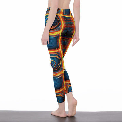 Futuristic all-over print gaming leggings with neon design. High-waisted gamer girl leggings inspired by sci-fi fashion. Flexible activewear pants for gamers and streamers. Neon techwear leggings perfect for esports fans. Gaming-inspired fashion leggings for cosplay or workouts.