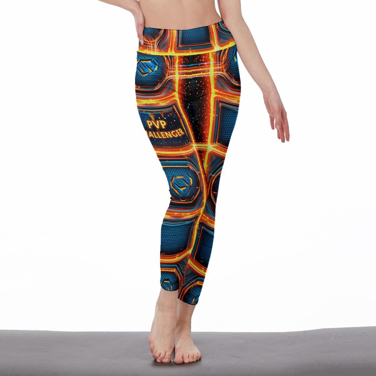 Futuristic all-over print gaming leggings with neon design. High-waisted gamer girl leggings inspired by sci-fi fashion. Flexible activewear pants for gamers and streamers. Neon techwear leggings perfect for esports fans. Gaming-inspired fashion leggings for cosplay or workouts.