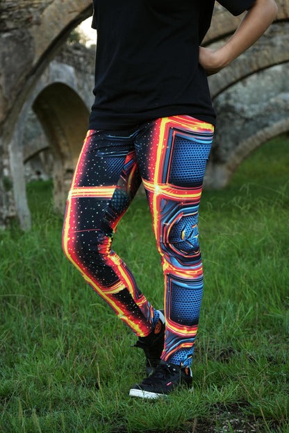 Futuristic all-over print gaming leggings with neon design. High-waisted gamer girl leggings inspired by sci-fi fashion. Flexible activewear pants for gamers and streamers. Neon techwear leggings perfect for esports fans. Gaming-inspired fashion leggings for cosplay or workouts.