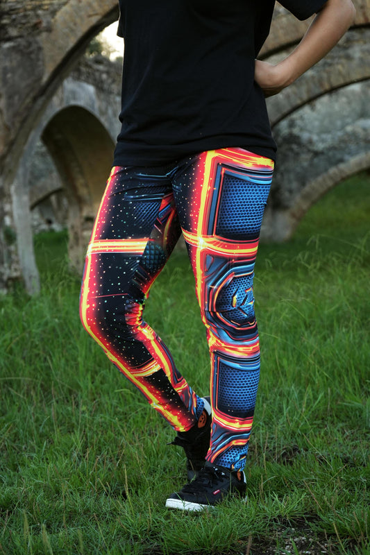 Futuristic all-over print gaming leggings with neon design. High-waisted gamer girl leggings inspired by sci-fi fashion. Flexible activewear pants for gamers and streamers. Neon techwear leggings perfect for esports fans. Gaming-inspired fashion leggings for cosplay or workouts.