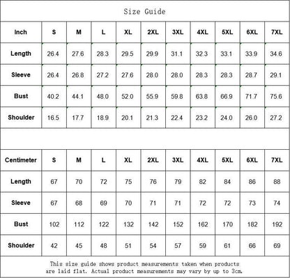 Size guide for the thicken heavy weight fleece option.