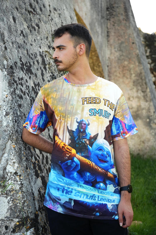 Model wearing funny gaming t-shirt, ideal gift for gamers and MOBA fans