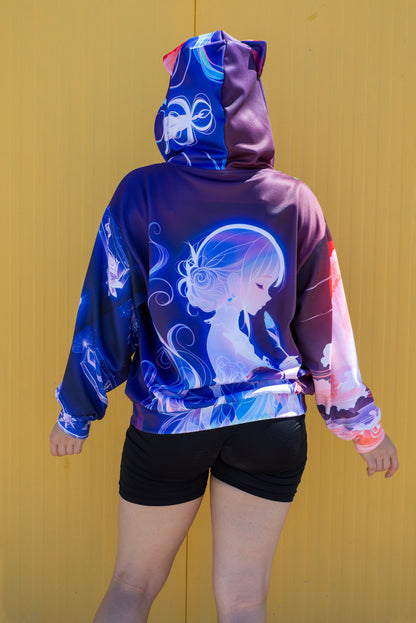 White and pastel hoodie with 3D cat ears – dreamy gamer apparel