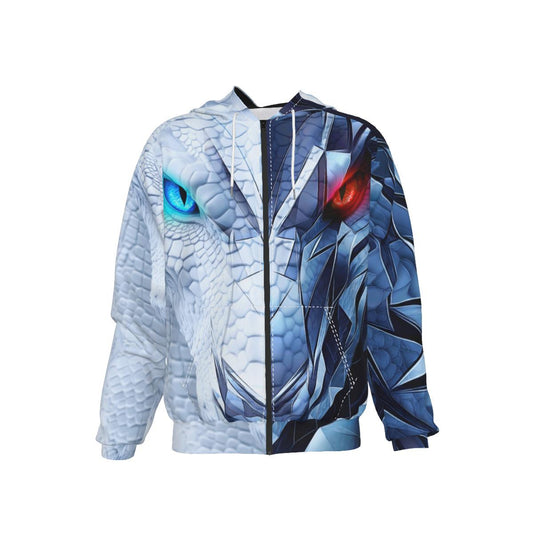 White and blue dragon face hoodie for gamers – symmetrical frostfire design